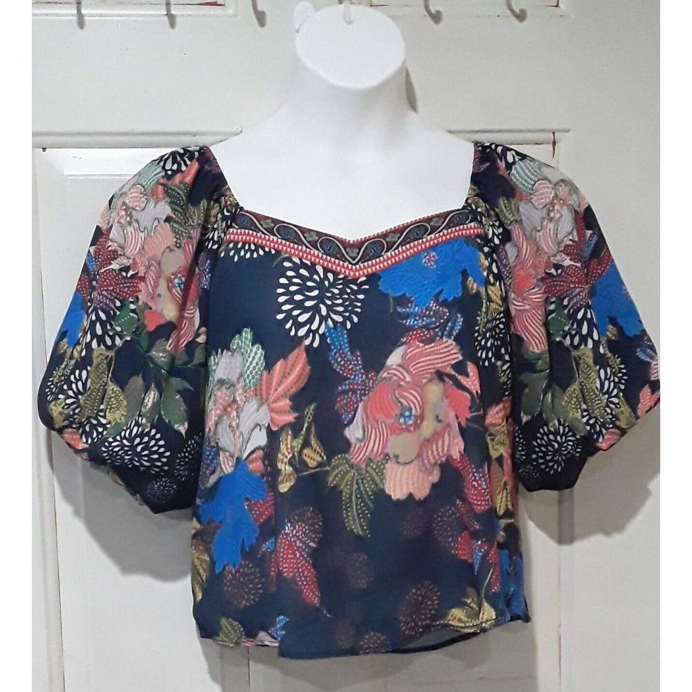 Womens  Boho Top, Jealous Tomato Navy Floral  Peasant Top Size S